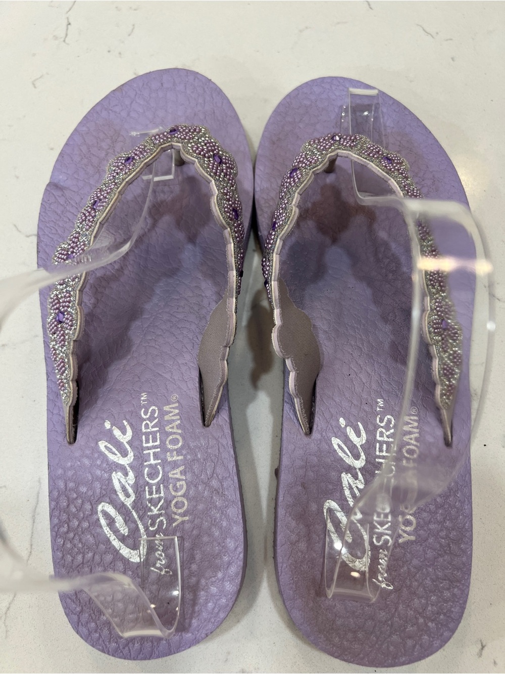 Skechers Cali Women 8.5 Violet Bejeweled Wedge Flip Flop Sandal yoga Foam sole - Picture 2 of 13